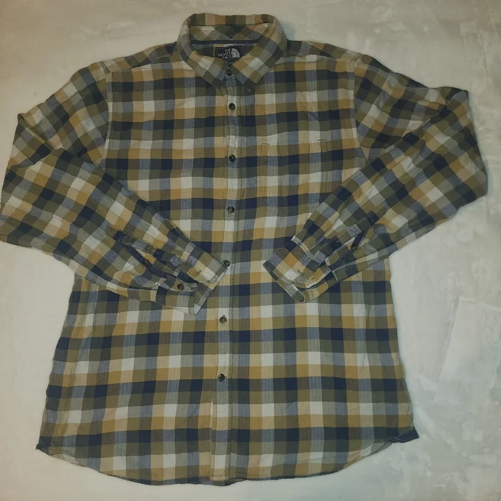 The North Face Mens Plaid Flannel Shirt Large Yellow‎ Blue Long Sleeve